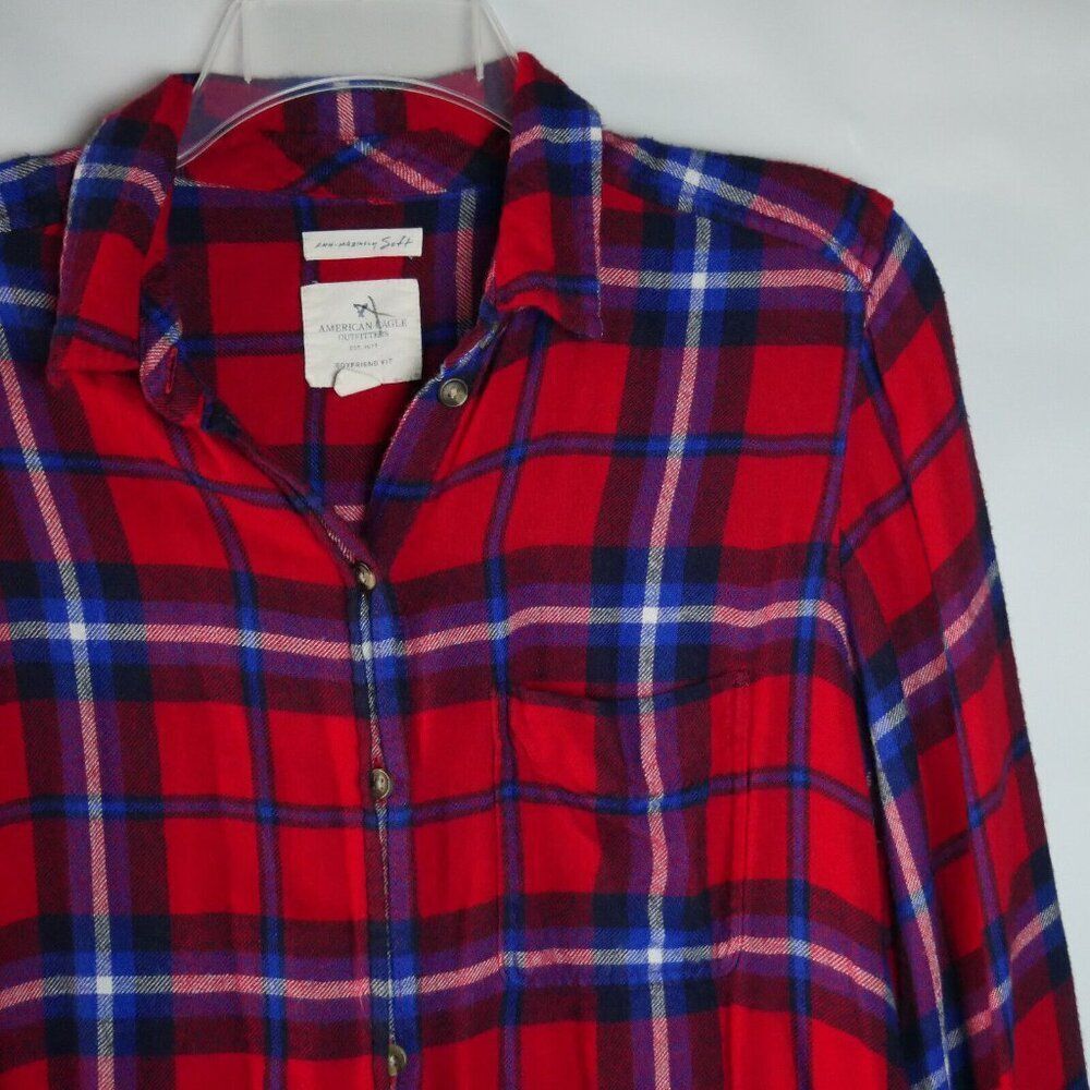 American Eagle Women's Size S Flannel Shirt Boyfriend Fit Soft Plaid Red - Picture 2 of 13